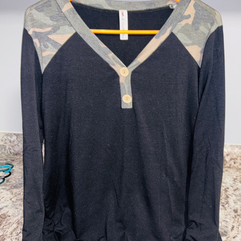 Vanilla Bay Black and Camouflage Long Sleeve Top